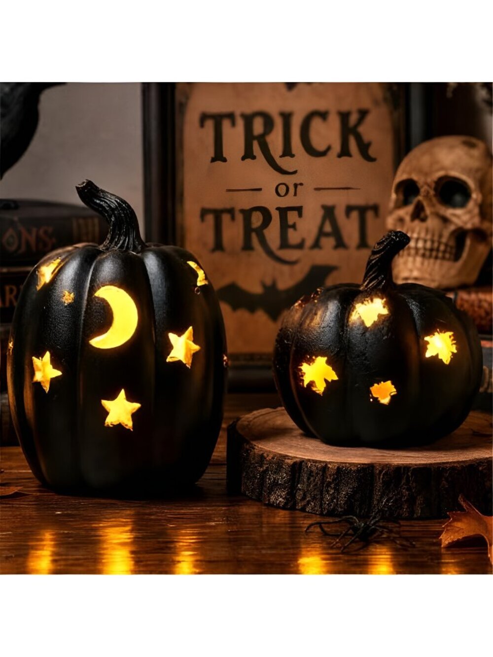 2 PCS Black Resin Light‑Up Pumpkin Figurine,5.3"H Halloween Table Decor